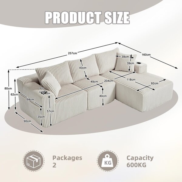 Modular L-Shaped Sectional Sofa with High-Resilience Foam, Plush Corduroy Chaise Lounge for 3 People, 257L x 160W x 80H cm, Beige Aosom UK