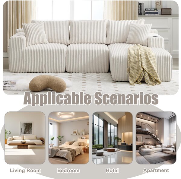 Modular L-Shaped Sectional Sofa with High-Resilience Foam, Plush Corduroy Chaise Lounge for 3 People, 257L x 160W x 80H cm, Beige Aosom UK