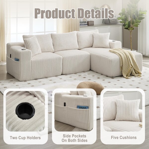 Modular L-Shaped Sectional Sofa with High-Resilience Foam, Plush Corduroy Chaise Lounge for 3 People, 257L x 160W x 80H cm, Beige Aosom UK