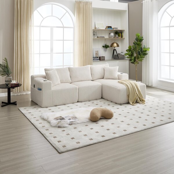 Modular L-Shaped Sectional Sofa with High-Resilience Foam, Plush Corduroy Chaise Lounge for 3 People, 257L x 160W x 80H cm, Beige Aosom UK