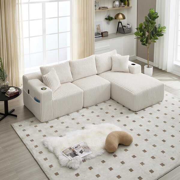 Modular L-Shaped Sectional Sofa with High-Resilience Foam, Plush Corduroy Chaise Lounge for 3 People, 257L x 160W x 80H cm, Beige Aosom UK