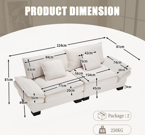 Oversized Cloud Sofa with Ergonomic High-Resilience Foam & 2 Lumbar Cushions, Modular Couch for 2 People, 224L x 81W x 81H cm, Beige Aosom UK