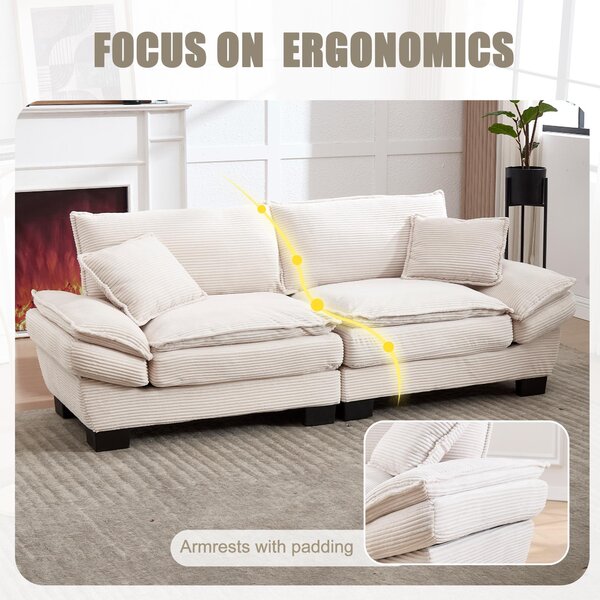 Oversized Cloud Sofa with Ergonomic High-Resilience Foam & 2 Lumbar Cushions, Modular Couch for 2 People, 224L x 81W x 81H cm, Beige Aosom UK