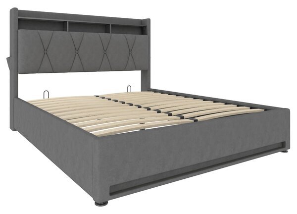 Padded Storage Bed Frame with LED Lighting and USB‑C Charging, Hydraulic Bed with Hidden Storage, 143L x 211W x 116.5H cm, Dark Gray Aosom UK