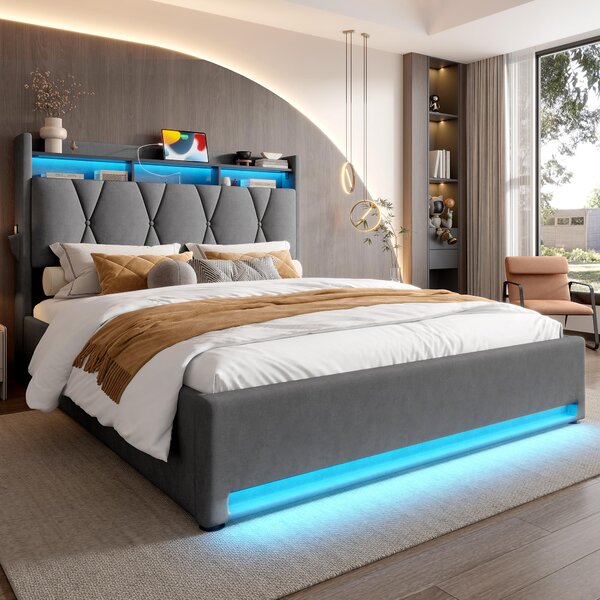 Padded Storage Bed Frame with LED Lighting and USB‑C Charging, Hydraulic Bed with Hidden Storage, 143L x 211W x 116.5H cm, Dark Gray Aosom UK