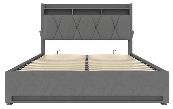 Padded Storage Bed Frame with LED Lighting and USB‑C Charging, Hydraulic Bed with Hidden Storage, 143L x 211W x 116.5H cm, Dark Gray Aosom UK