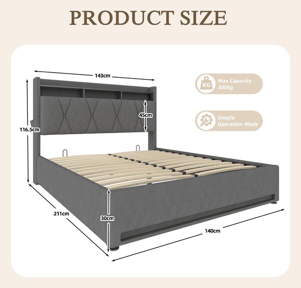 Padded Storage Bed Frame with LED Lighting and USB‑C Charging, Hydraulic Bed with Hidden Storage, 143L x 211W x 116.5H cm, Dark Gray Aosom UK