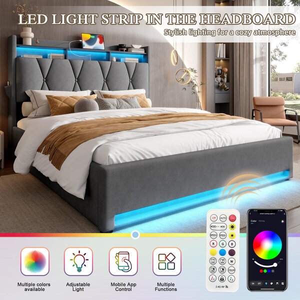 Padded Storage Bed Frame with LED Lighting and USB‑C Charging, Hydraulic Bed with Hidden Storage, 143L x 211W x 116.5H cm, Dark Gray Aosom UK