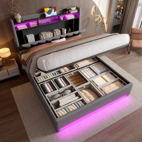 Padded Storage Bed Frame with LED Lighting and USB‑C Charging, Hydraulic Bed with Hidden Storage, 143L x 211W x 116.5H cm, Dark Gray Aosom UK