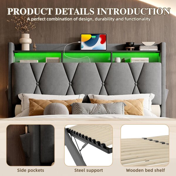 Padded Storage Bed Frame with LED Lighting and USB‑C Charging, Hydraulic Bed with Hidden Storage, 143L x 211W x 116.5H cm, Dark Gray Aosom UK