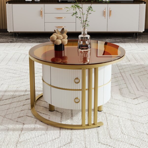 Set of 2 Round Nest of Tables, Coffee Table Round Nesting with High-Gloss and Tempered Glass Tops, for Living Room, Brown+White Aosom UK