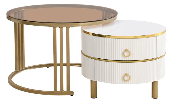 Set of 2 Round Nest of Tables, Coffee Table Round Nesting with High-Gloss and Tempered Glass Tops, for Living Room, Brown+White Aosom UK