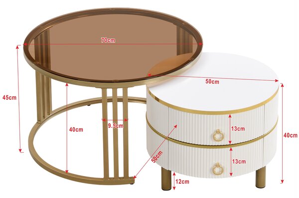 Set of 2 Round Nest of Tables, Coffee Table Round Nesting with High-Gloss and Tempered Glass Tops, for Living Room, Brown+White Aosom UK