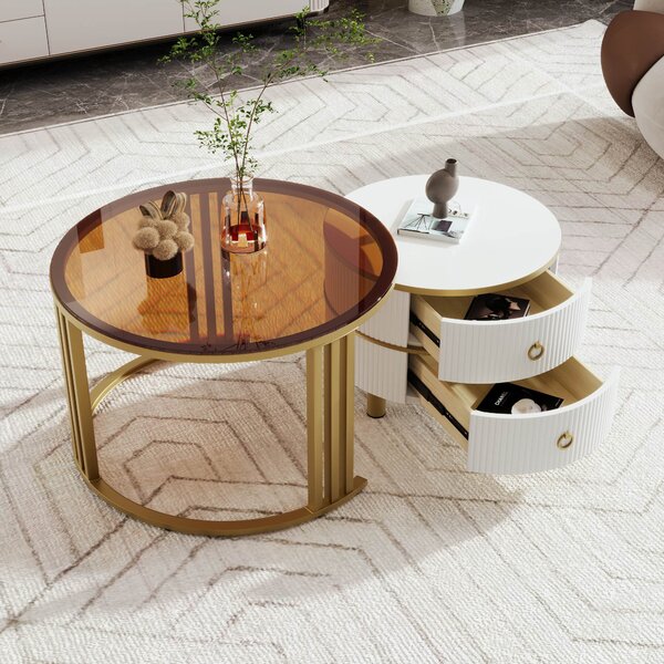 Set of 2 Round Nest of Tables, Coffee Table Round Nesting with High-Gloss and Tempered Glass Tops, for Living Room, Brown+White Aosom UK