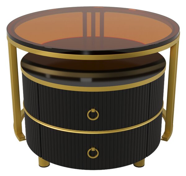 2-in-1 Round Coffee Table Set with High-Gloss and Tempered Glass Tops, 2 Drawers, 70x70x45 + 50x50x40 cm, for Living Room, Brown+Black Aosom.UK