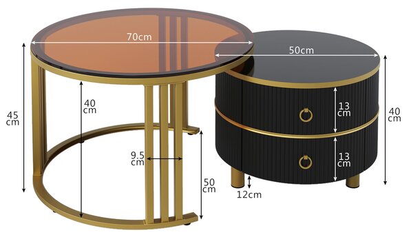 2-in-1 Round Coffee Table Set with High-Gloss and Tempered Glass Tops, 2 Drawers, 70x70x45 + 50x50x40 cm, for Living Room, Brown+Black Aosom.UK