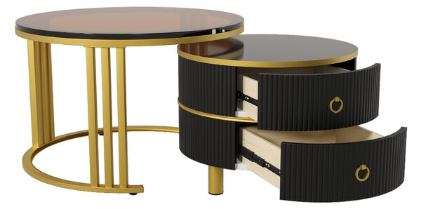 2-in-1 Round Coffee Table Set with High-Gloss and Tempered Glass Tops, 2 Drawers, 70x70x45 + 50x50x40 cm, for Living Room, Brown+Black Aosom.UK