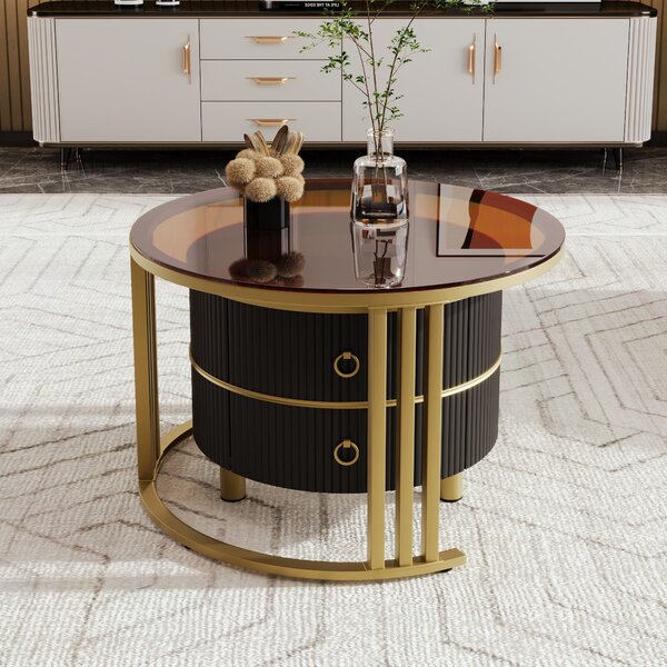 2-in-1 Round Coffee Table Set with High-Gloss and Tempered Glass Tops, 2 Drawers, 70x70x45 + 50x50x40 cm, for Living Room, Brown+Black Aosom.UK