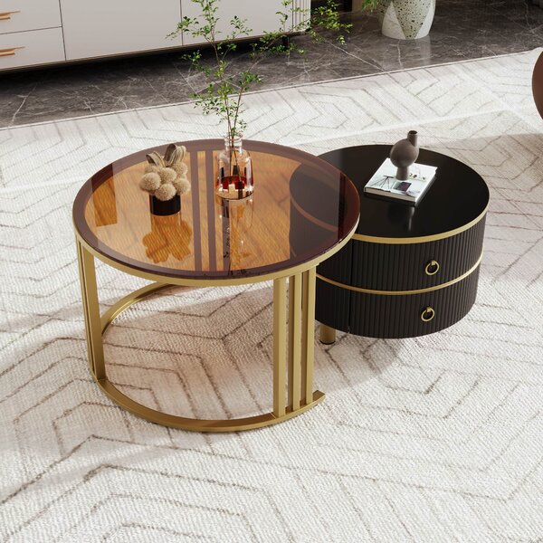 2-in-1 Round Coffee Table Set with High-Gloss and Tempered Glass Tops, 2 Drawers, 70x70x45 + 50x50x40 cm, for Living Room, Brown+Black Aosom.UK