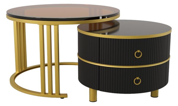 2-in-1 Round Coffee Table Set with High-Gloss and Tempered Glass Tops, 2 Drawers, 70x70x45 + 50x50x40 cm, for Living Room, Brown+Black Aosom.UK