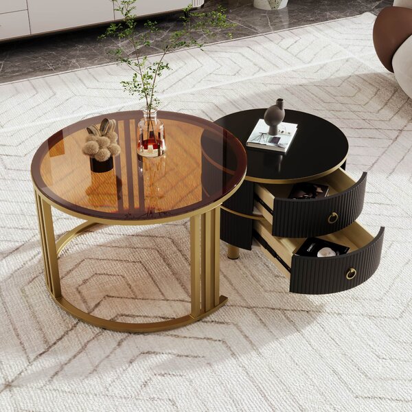 2-in-1 Round Coffee Table Set with High-Gloss and Tempered Glass Tops, 2 Drawers, 70x70x45 + 50x50x40 cm, for Living Room, Brown+Black Aosom.UK