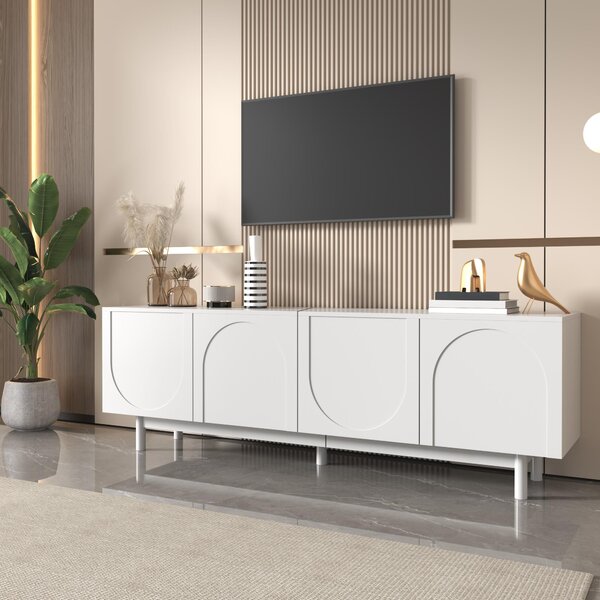 Modern Lowboard TV Cabinet with Push-to-Open Doors and Adjustable Shelves, Durable TV Stand for Living Room, 175L x 38W x 56H cm, White Aosom UK