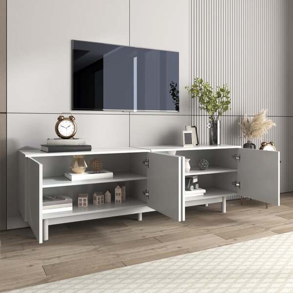 Modern Lowboard TV Cabinet with Push-to-Open Doors and Adjustable Shelves, Durable TV Stand for Living Room, 175L x 38W x 56H cm, White Aosom UK