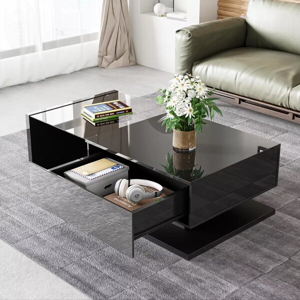 Gloss Coffee Table in Black with 16-color LED Lights, Coffee Table with Storage, Modern Coffee Table with High Gloss Finish Aosom UK