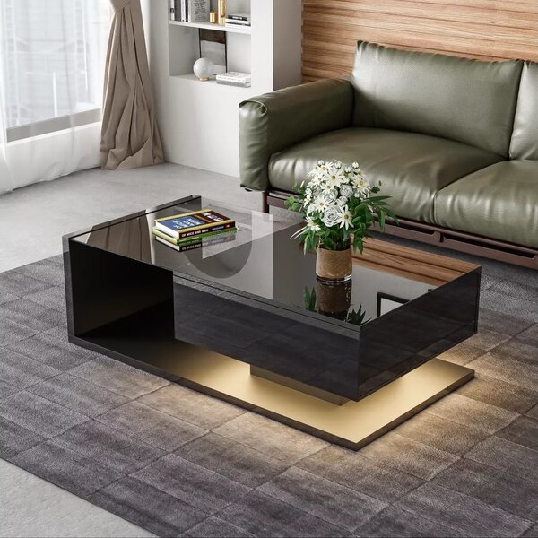 Gloss Coffee Table in Black with 16-color LED Lights, Coffee Table with Storage, Modern Coffee Table with High Gloss Finish Aosom UK