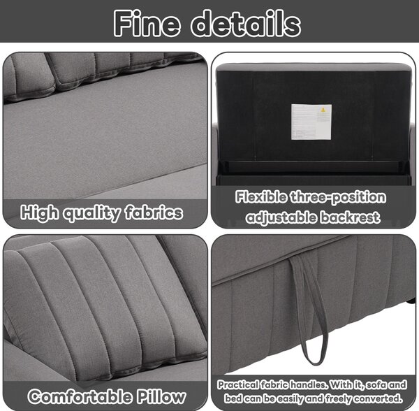 Multifunctional Folding Sofa Bed with Adjustable Backrest and 2 Cushions, Daybed Ideal for Small Homes, 127L x 75-180W x 94H cm, Dark Grey Aosom UK