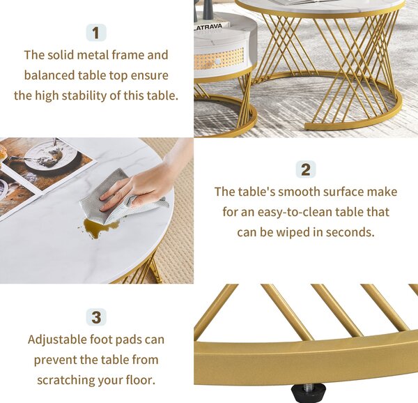 2-in-1 Nesting Coffee Table with Marble Top and Mental Legs, Round Coffee Table with Storage and Wooden Handle, 70x70x45.5 cm, White+Gold Aosom.UK