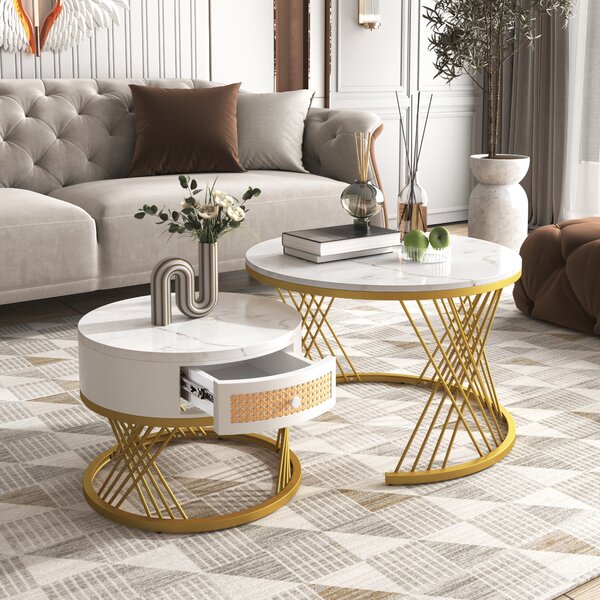 2-in-1 Nesting Coffee Table with Marble Top and Mental Legs, Round Coffee Table with Storage and Wooden Handle, 70x70x45.5 cm, White+Gold Aosom.UK