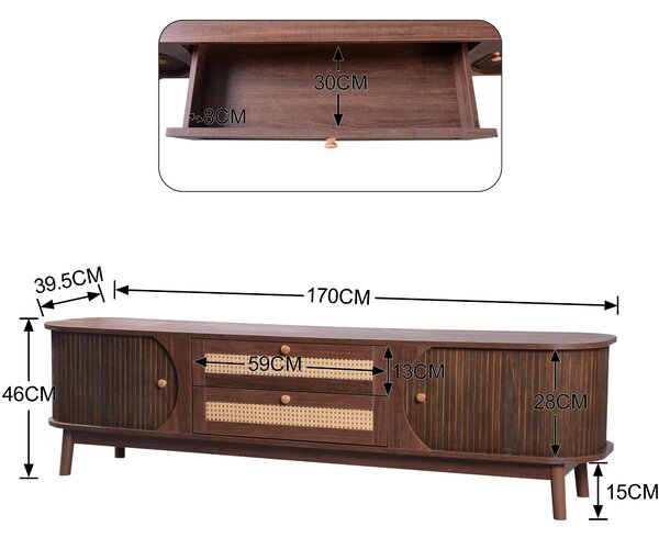 Natural Walnut Modern TV Stand with Rattan Drawers and Solid Wood Legs, Solid Wood Doors and Storage Solution, 170x39.5x46 cm, Natural Aosom.UK