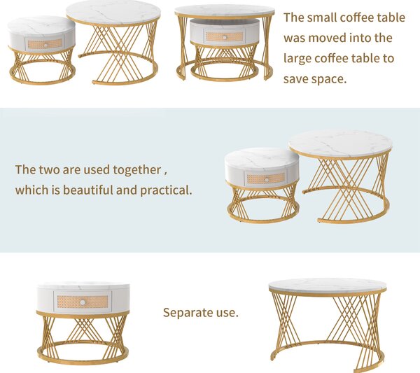 2-in-1 Nesting Coffee Table with Marble Top and Mental Legs, Round Coffee Table with Storage and Wooden Handle, 70x70x45.5 cm, White+Gold Aosom.UK