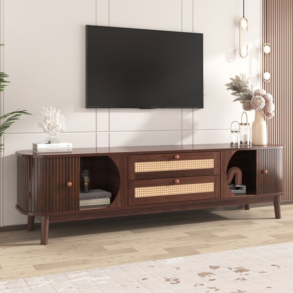 Natural Walnut Modern TV Stand with Rattan Drawers and Solid Wood Legs, Solid Wood Doors and Storage Solution, 170x39.5x46 cm, Natural Aosom.UK