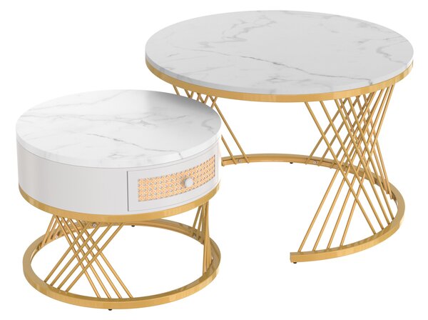 2-in-1 Nesting Coffee Table with Marble Top and Mental Legs, Round Coffee Table with Storage and Wooden Handle, 70x70x45.5 cm, White+Gold Aosom.UK