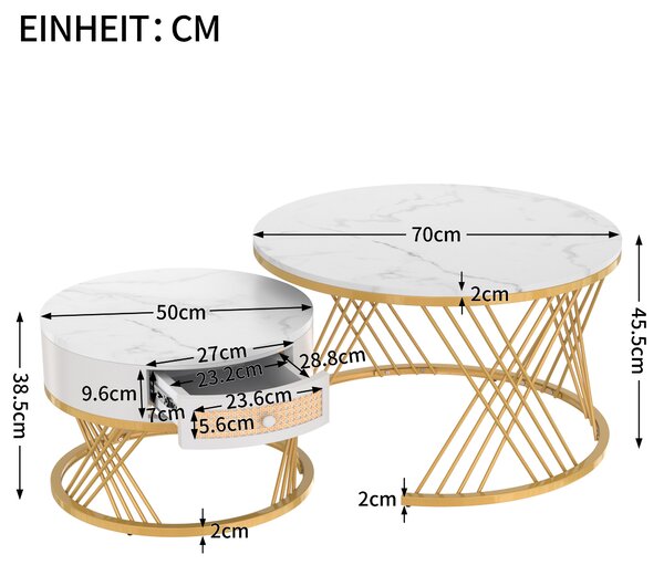 2-in-1 Nesting Coffee Table with Marble Top and Mental Legs, Round Coffee Table with Storage and Wooden Handle, 70x70x45.5 cm, White+Gold Aosom.UK