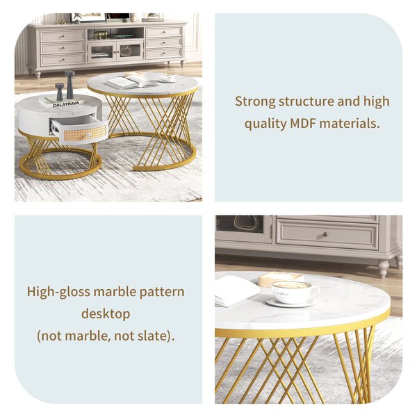 2-in-1 Nesting Coffee Table with Marble Top and Mental Legs, Round Coffee Table with Storage and Wooden Handle, 70x70x45.5 cm, White+Gold Aosom.UK