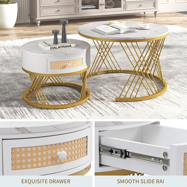 2-in-1 Nesting Coffee Table with Marble Top and Mental Legs, Round Coffee Table with Storage and Wooden Handle, 70x70x45.5 cm, White+Gold Aosom.UK