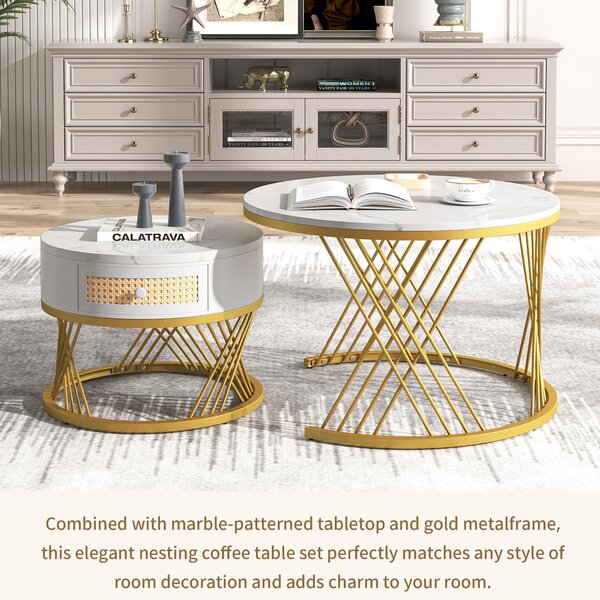 2-in-1 Nesting Coffee Table with Marble Top and Mental Legs, Round Coffee Table with Storage and Wooden Handle, 70x70x45.5 cm, White+Gold Aosom.UK