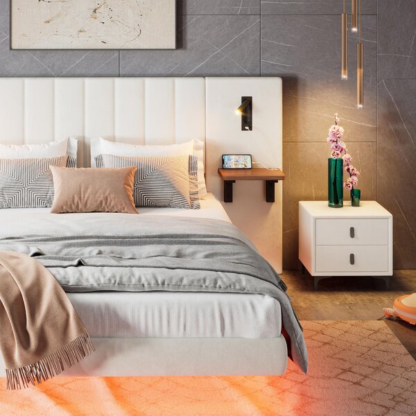 Upholstered Double Bed with Headboard, Charging Socket, Rotatable Bedside Lamps, Suitable for Bedroom, 222L x 209W x 103.5H cm, White Aosom.UK
