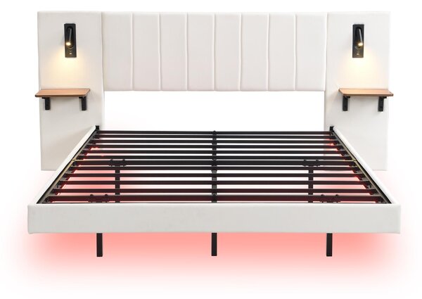 Upholstered Double Bed with Headboard, Charging Socket, Rotatable Bedside Lamps, Suitable for Bedroom, 222L x 209W x 103.5H cm, White Aosom.UK