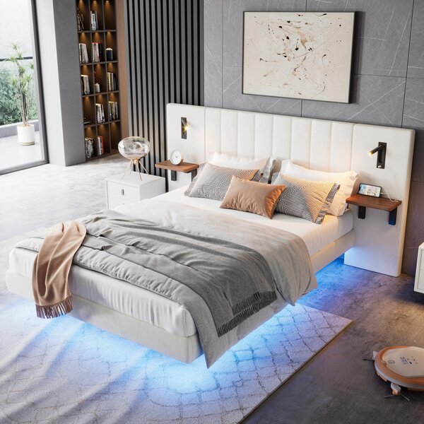 Upholstered Double Bed with Headboard, Charging Socket, Rotatable Bedside Lamps, Suitable for Bedroom, 222L x 209W x 103.5H cm, White Aosom.UK