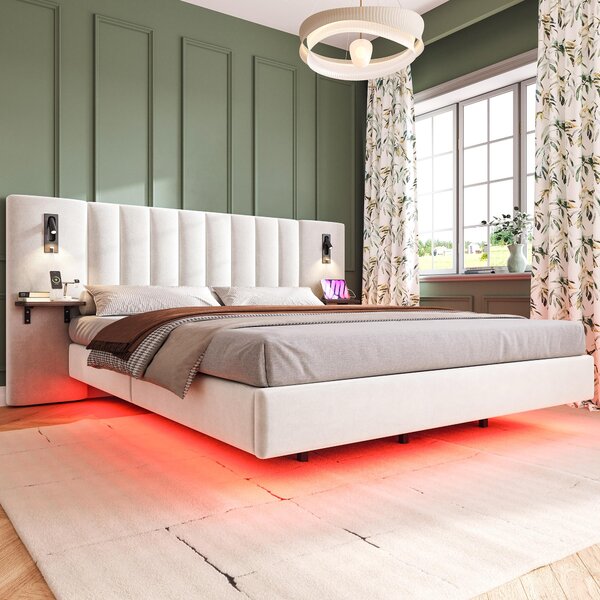 Upholstered Double Bed with Headboard, Charging Socket, Rotatable Bedside Lamps, Suitable for Bedroom, 222L x 209W x 103.5H cm, White Aosom.UK