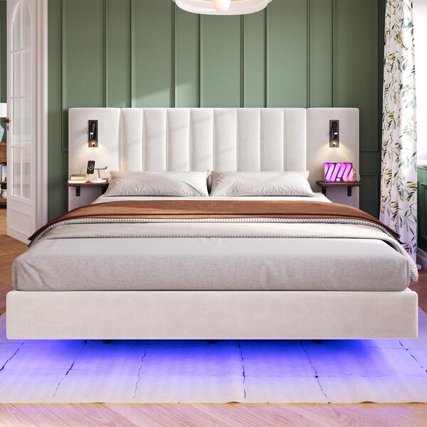 Upholstered Double Bed with Headboard, Charging Socket, Rotatable Bedside Lamps, Suitable for Bedroom, 222L x 209W x 103.5H cm, White Aosom.UK