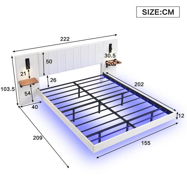 Upholstered Double Bed with Headboard, Charging Socket, Rotatable Bedside Lamps, Suitable for Bedroom, 222L x 209W x 103.5H cm, White Aosom.UK