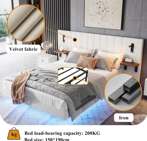 Upholstered Double Bed with Headboard, Charging Socket, Rotatable Bedside Lamps, Suitable for Bedroom, 222L x 209W x 103.5H cm, White Aosom.UK