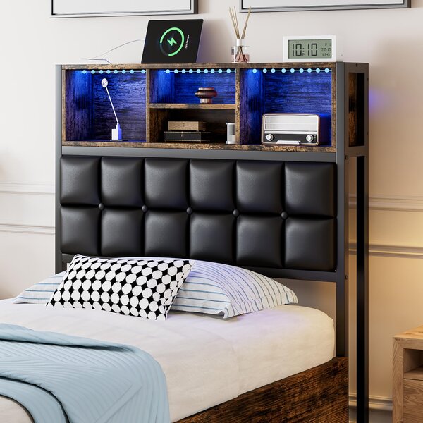 Hydraulic Storage Single Bed with Multi-Colour LED Strip, Charging Ports, Sponge Headboard for Bedroom, 208L x 96W x 107H cm, Black+Neutral Aosom UK