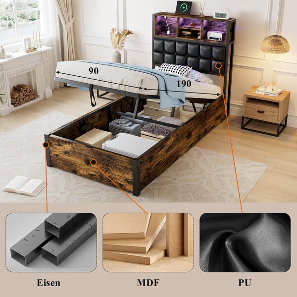Hydraulic Storage Single Bed with Multi-Colour LED Strip, Charging Ports, Sponge Headboard for Bedroom, 208L x 96W x 107H cm, Black+Neutral Aosom UK