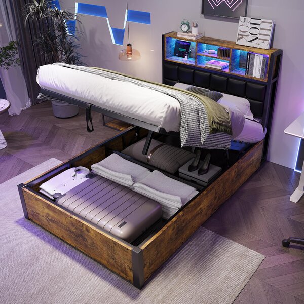 Hydraulic Storage Single Bed with Multi-Colour LED Strip, Charging Ports, Sponge Headboard for Bedroom, 208L x 96W x 107H cm, Black+Neutral Aosom UK
